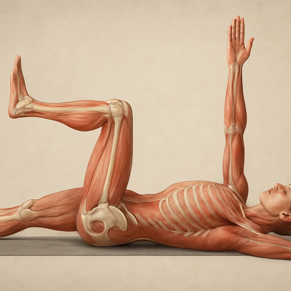 Anatomically hyperrealistic 4K side view of a man in dead bug position with the arm on the ground fully extended above the head, straight, showing pelvis and spine bones, translucent muscles and skin, medical atmosphere, realistic anatomical details. Variant 9, slightly change the position of the head and legs. emoji