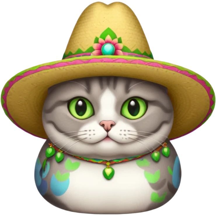 Fat gray cat green eyes wearing sombrero emoji