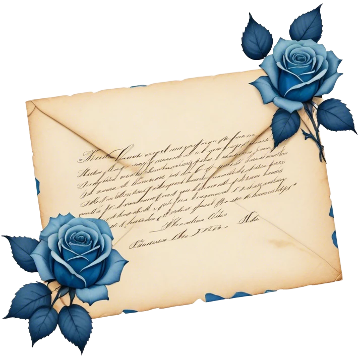 An antique handwritten letter with dried light blue roses and a navy wax seal, vintage aesthetic. emoji