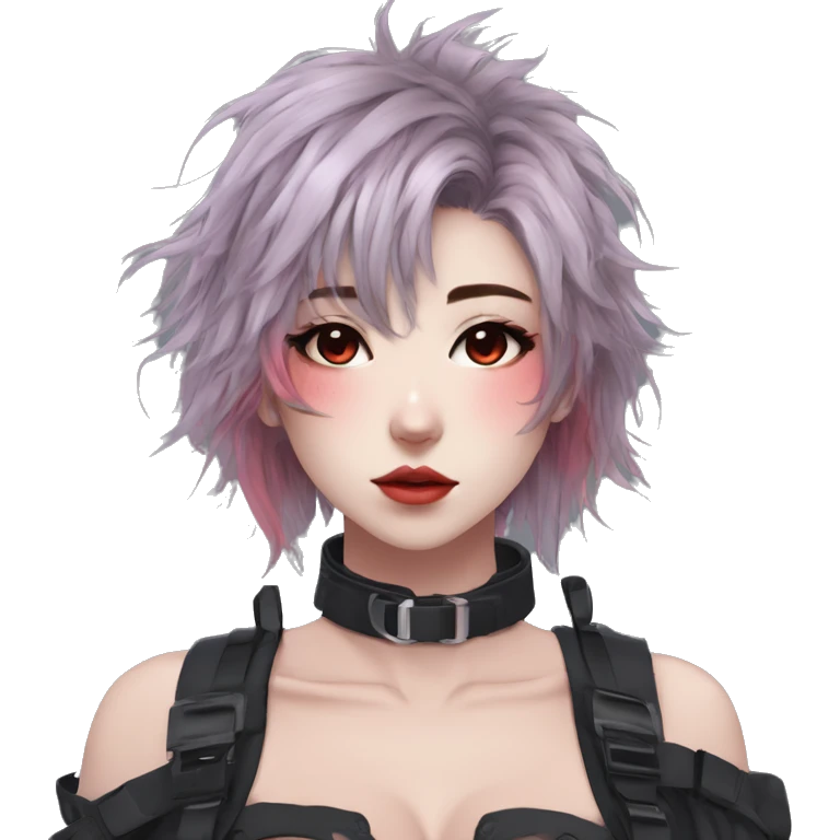 Gorgeous pastel techwear anime style lady with blushing face aesthetic and pretty edgy black red punk messy hair with collar and harness trending style emoji
