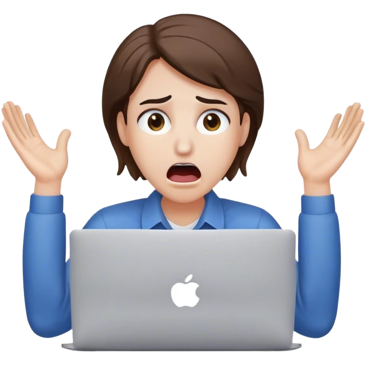 An overwhelmed office worker at a MacBook, eyes wide open, mouth agape, sweat drops flying, hands on head in panic, with white skin and brown hair emoji