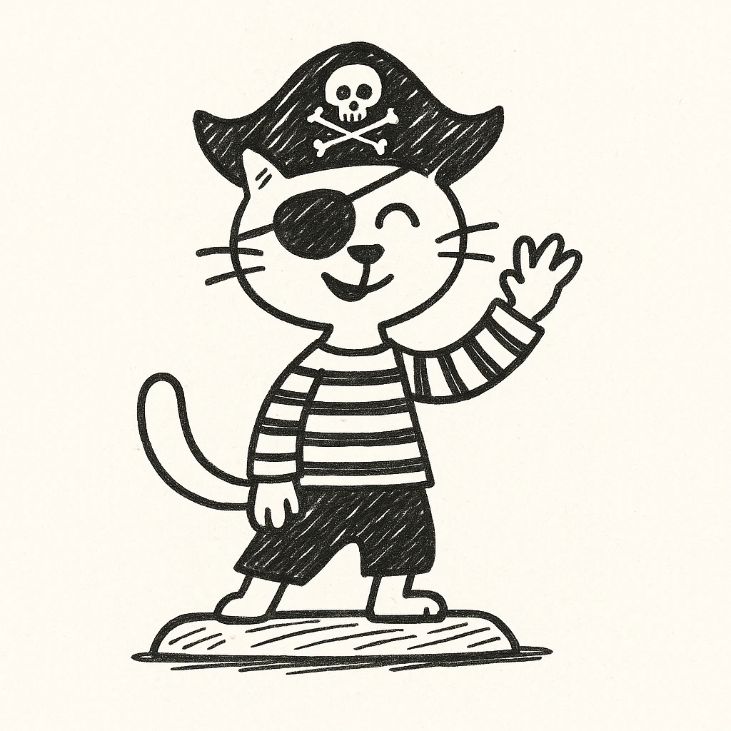 Add an eyepatch to the pirate cat waving, in the style of doodle (notion style hand drawn doodles). Keep the doodle style. emoji