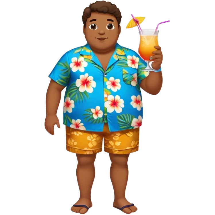 chubby guy full figure in a flowered azure havai shirt, brown shorts and flippers holding a cocktail emoji