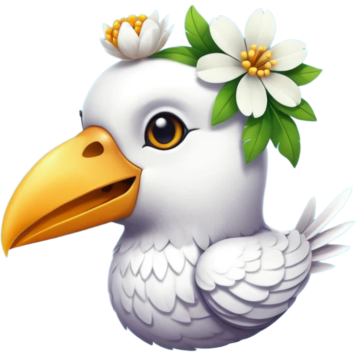 A bird carrying a white flower on its mouse  emoji