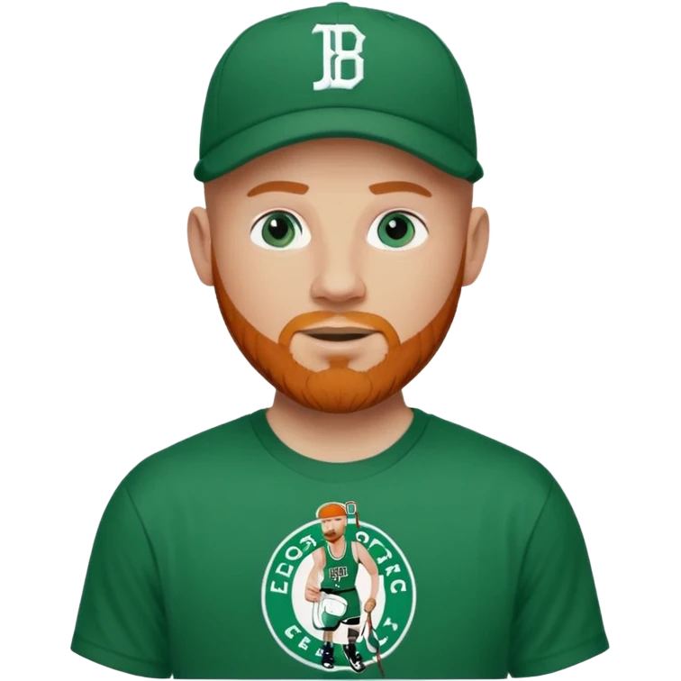 Bald white man with ginger beard and blue eyes in Tatum Boston Celtics jersey over tshirt with Boston Celtics logo on cap emoji