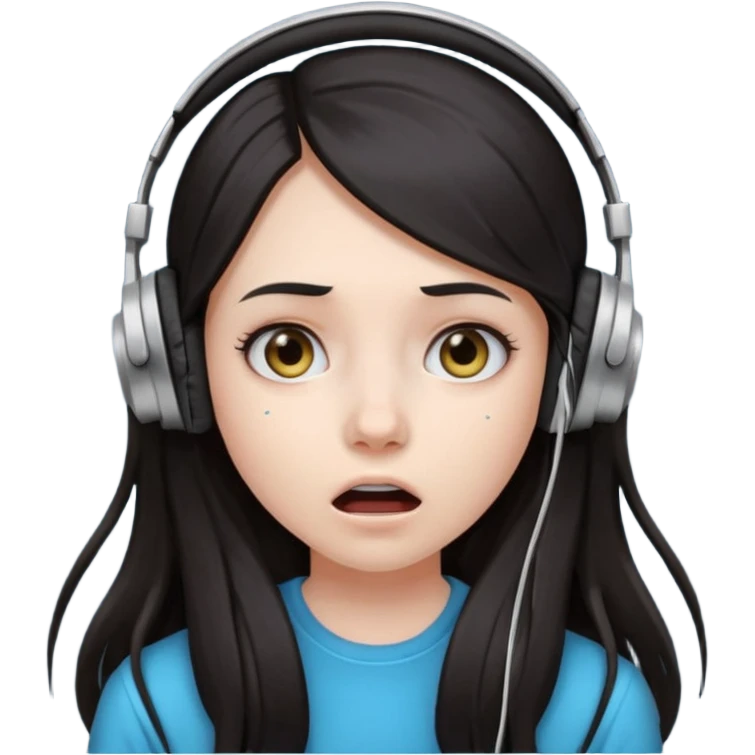 Girl with long dark hair with a shocked face wearing headphones emoji