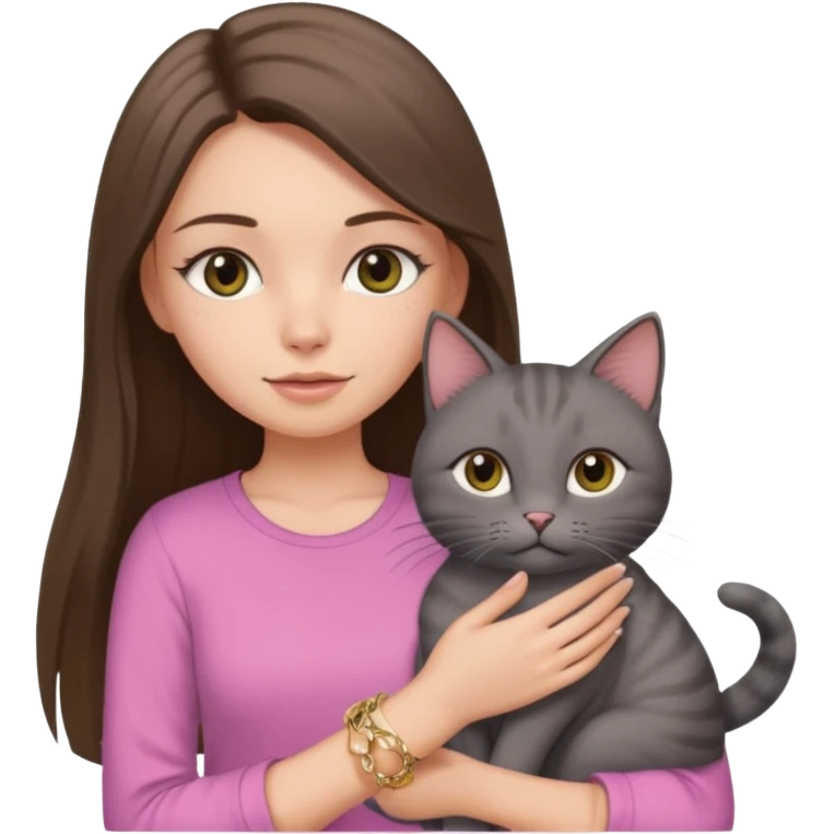a white girl with brunette long straight hair holding a grey cat. the girl has long lashes and has on a pink shirt and gold jewelry. emoji