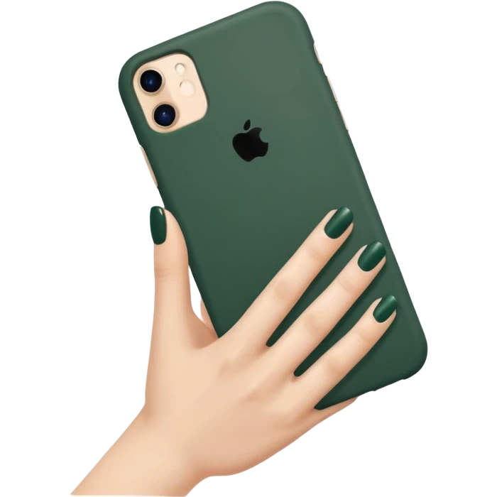 female hand with nude manicure holding an iPhone in a dark green case, clean background emoji