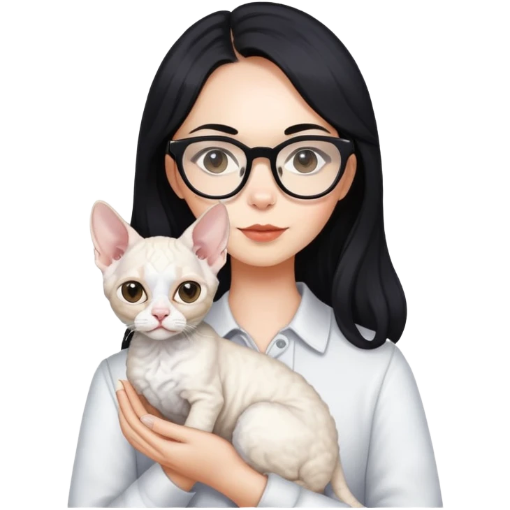 A girl with long black hair and glasses is holding a white Devon Rex emoji