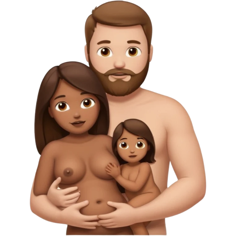 chubby white guy with brown hair and beard, holding a brown girl with long dark hair in arms, naked, showing tits and pussy emoji