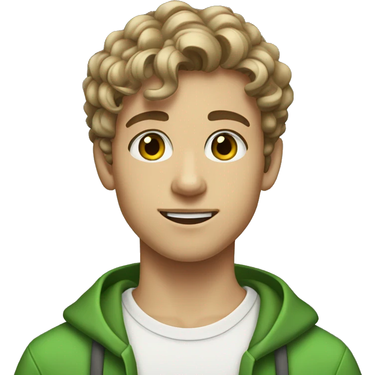 A 16 year old boy with dark blonde curls green eyes and a short beard emoji