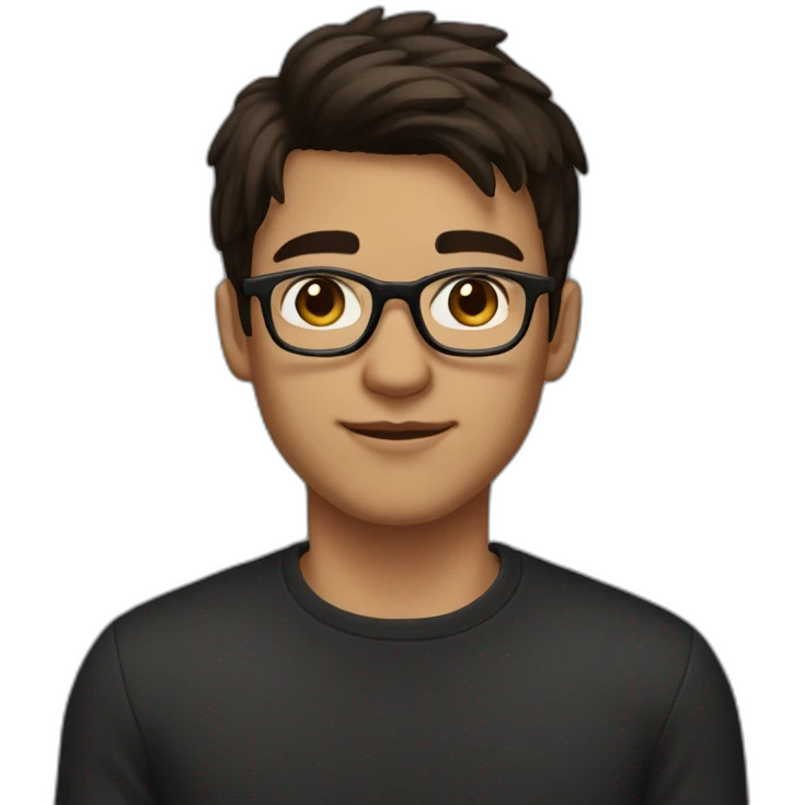A young man with dark brown hair half-long on top and shorter on the sides with a bang. He has square glasses. He has a black sweater. He also has dark brown eyes emoji