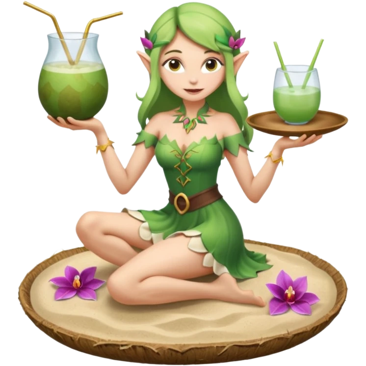 female elf in orchid-petal dress, balancing coconut drink tray. Barefoot on sand emoji