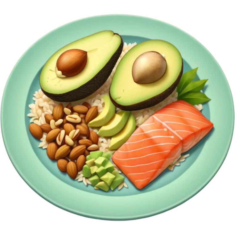 plato con comida variada granos aguacate salmon nueces arroz emoji
