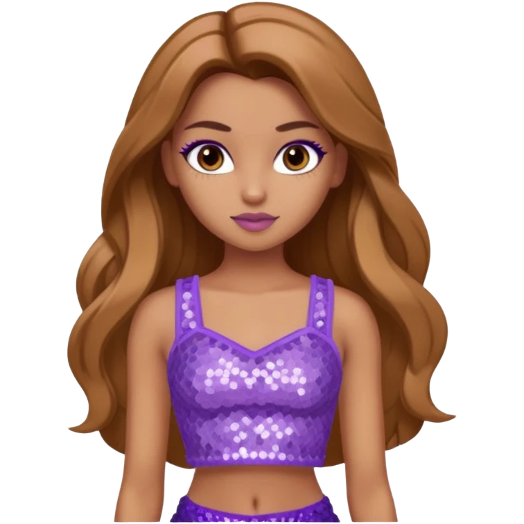 Yasmin from Bratz with long light brown hair, tan skin, brown eyes, lilac sequin crop top emoji