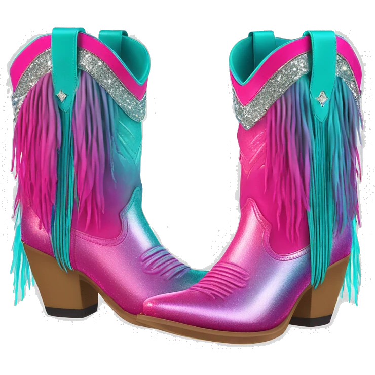 Realistic hot pink to teal ombre pair of fashion cowgirl boots with sparkly shiny glitter fringe on them. emoji