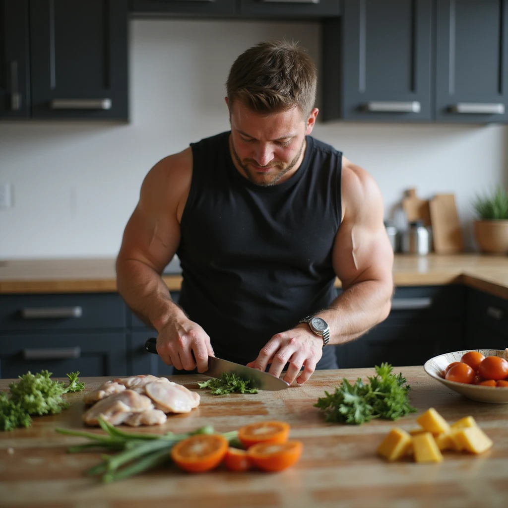 athletic man preparing healthy meal in kitchen, chopping vegetables and chicken, positive motivational atmosphere, hyperrealistic 4K details, modern tidy kitchen emoji