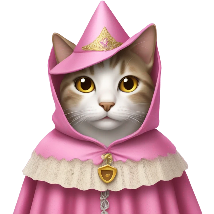 cat in pink medieval cape and cone hat with veil emoji