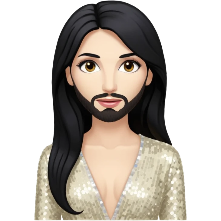 Conchita Wurst with long black hair, ivory sequin outfit emoji