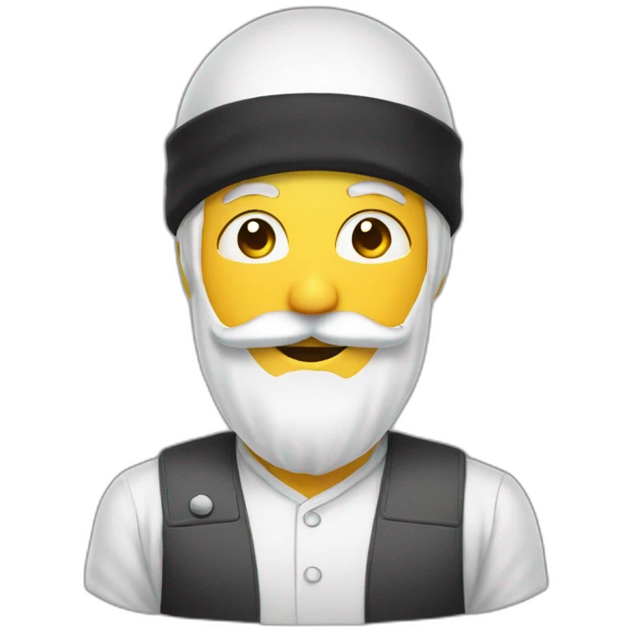 smiley face with white beard and moustache, wearing white muslim skullcap emoji