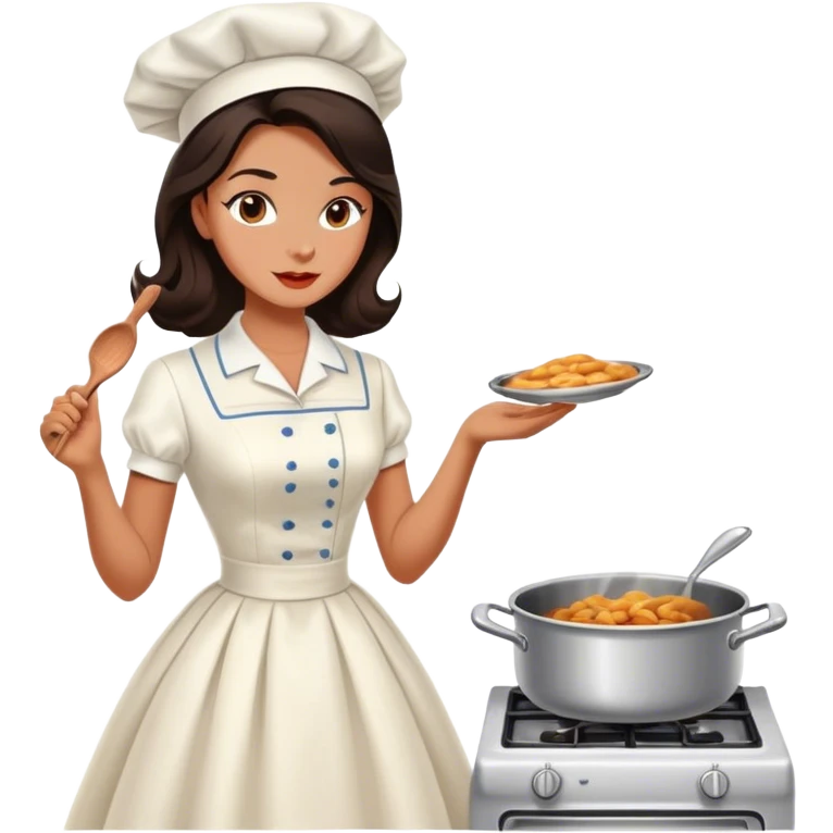 Beautiful woman in 1950’s woman fashion look, white dress, long dark brown hair, cooking emoji