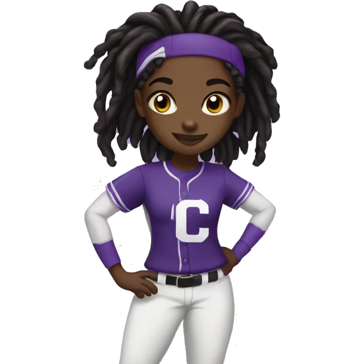 baseball card character. black girl. dread locs. letter C logo. Purple and white uniform.  emoji