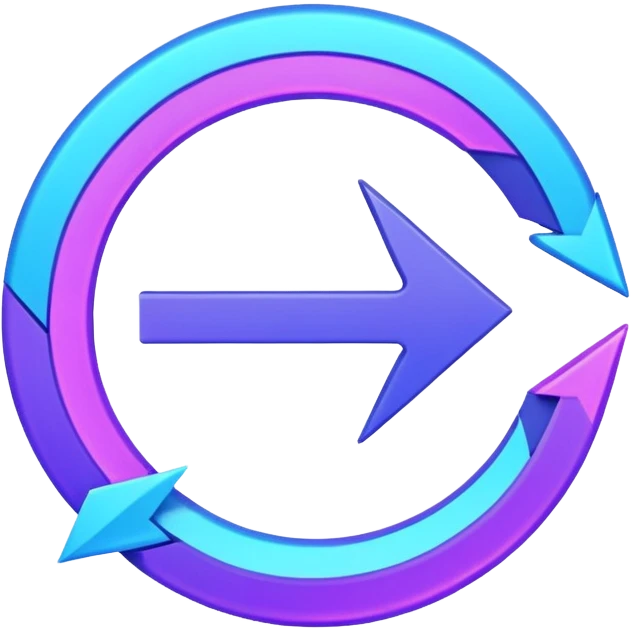 Futuristic retry arrow: an open curved neon arrow forming almost a circle but leaving a gap, clear restart motion. Glowing blue and violet Virtuosa colors, soft Ovi-like floating shape, playful high-tech style, luminous semi-matte texture. No text. Full background.
 emoji