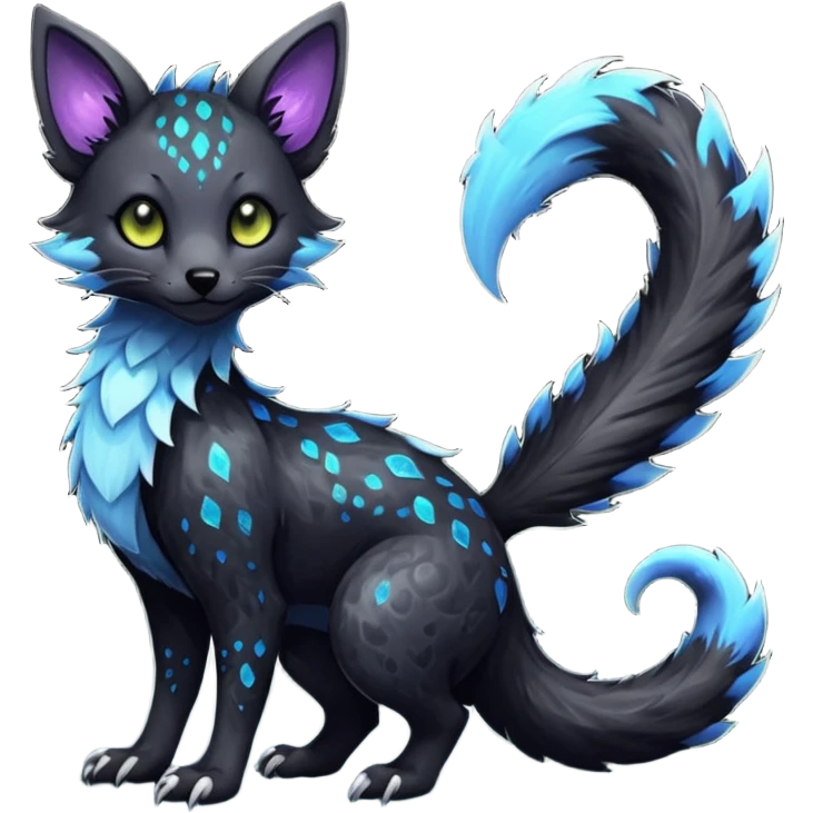Feral Rare Fantasy Darkg gothic spooky  sparkly shiny Vernid-Trico-species by LiLaiRa, random markings, tufted tail, tufted ears, full body emoji