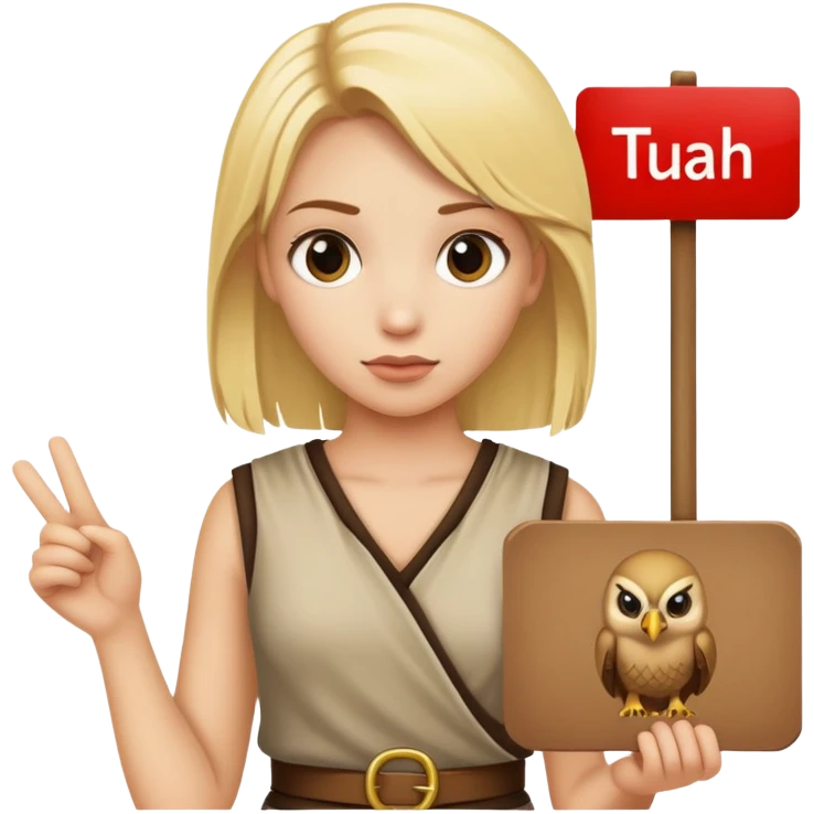 A blonde girl holding a sign that says hawk tuah emoji