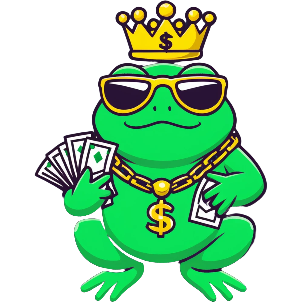 gangster frog king with gold crown, cool sunglasses, gold chain, money bag emoji
