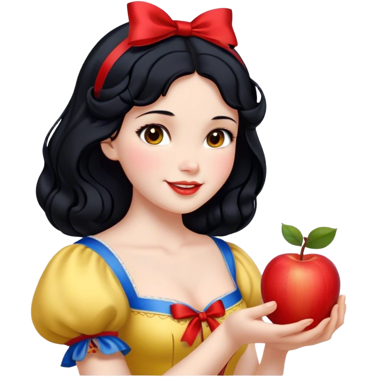 Cinematic Realistic Snow White Portrait, depicted with lifelike skin texture, soft natural lighting, and intricately detailed black hair styled with a red ribbon. Her soft brown eyes radiate innocence and kindness, complemented by a warm, gentle smile. She holds an apple in one hand, her other hand resting against her cheek, embodying her purity and charm. She is dressed in her classic yellow, blue, and red gown, the fabric rich in texture with delicate folds that catch the light beautifully. The portrait features a soft, natural glow with a radiant finish, capturing the essence of timeless beauty in a realistic and painterly style. emoji