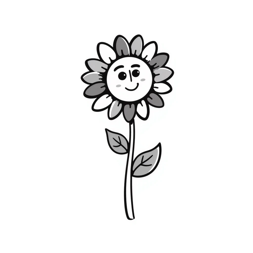 Cheerful sunflower with detailed petals, center, leaves and stem. Using specific pastel colors (dd9fb0, ffc6d3, a3bfc9, c4bee2, f1b091). Hand-drawn doodle style with intricate details. Happy, bright sunflower design with a transparent background. emoji