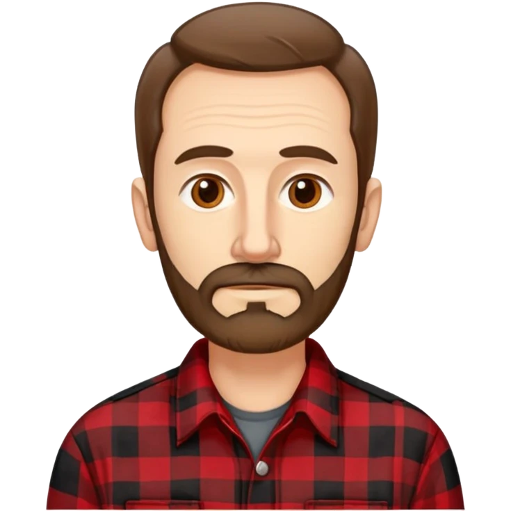 Thin man in his 50s with light complexion. Narrow face with pronounced cheekbones. Unkempt brown hair sticking up in places. Scruffy, uneven brown beard. Wearing a red and black checkered flannel shirt that hangs loosely on his lean body. emoji