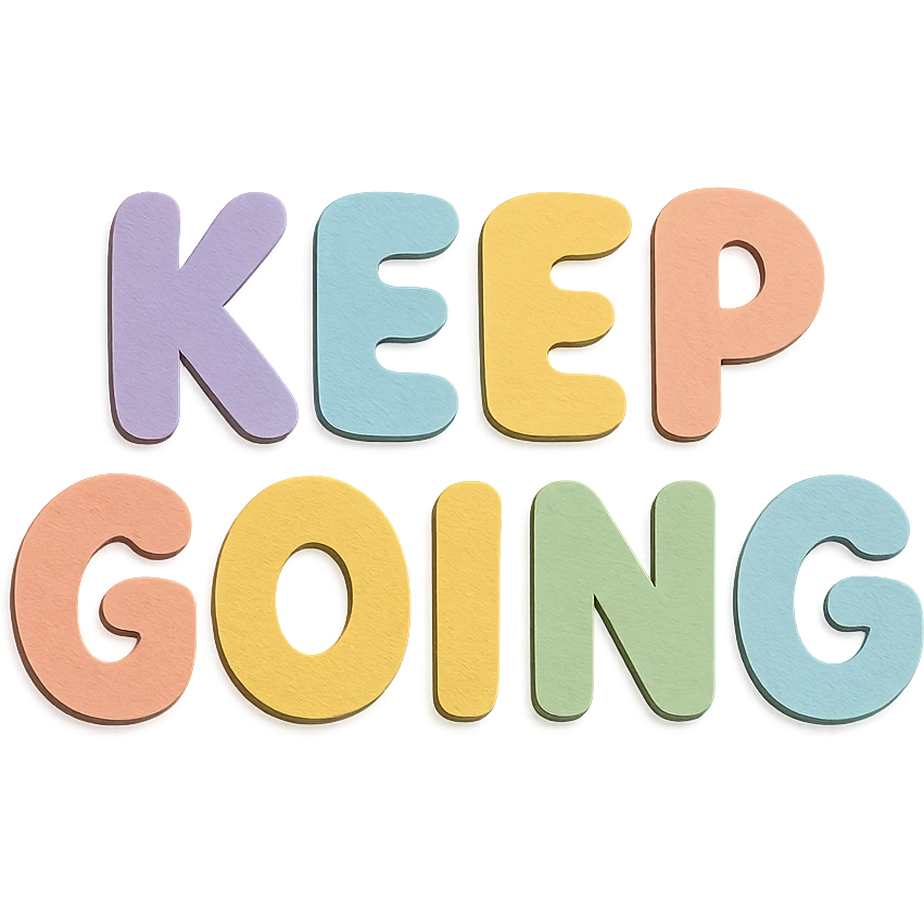 "Keep Going" soft pastel rainbow bubble letters, cute rounded style, no border, transparent background emoji
