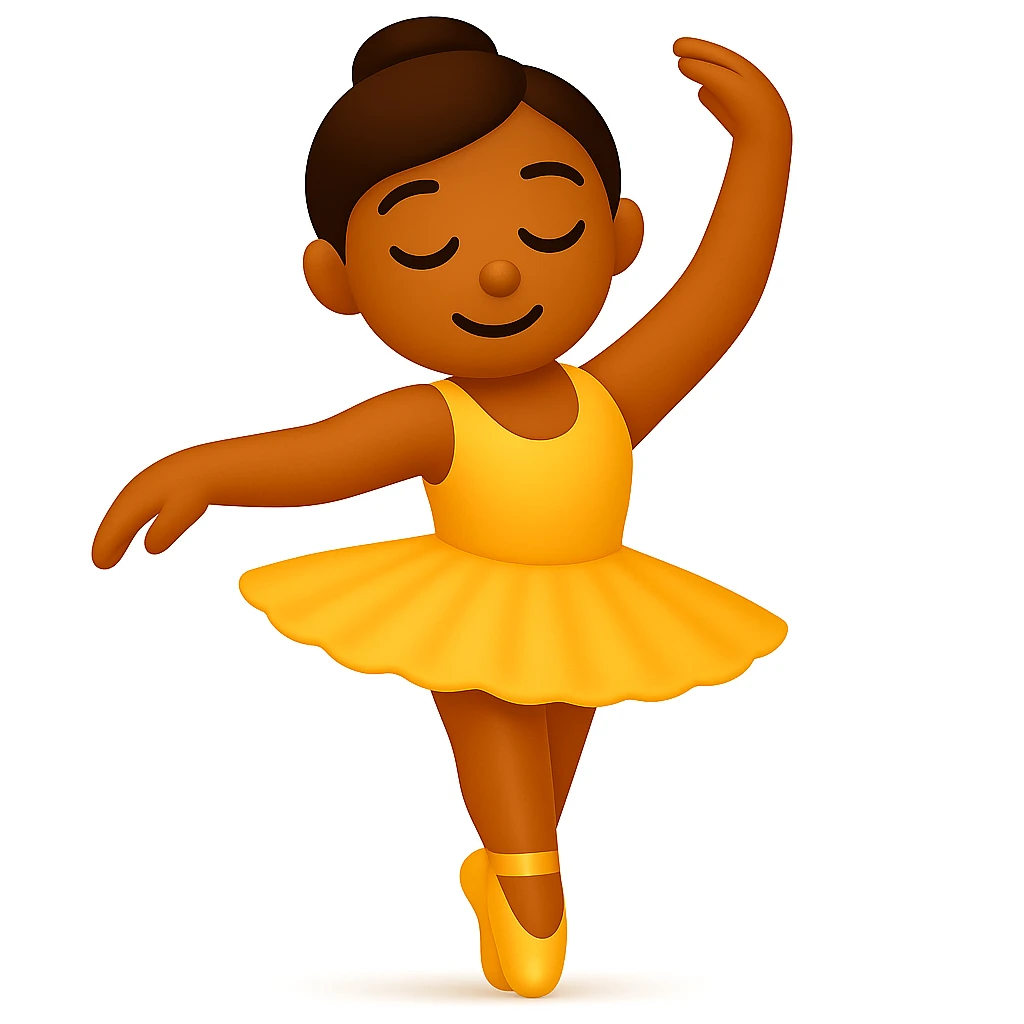 Edit the image to keep the same pose with the right foot on tippy toe in iOS emoji style. Maintain the yellow tutu, elegant, smooth, and shiny look as in the reference. Add a subtle highlight to the legs. emoji