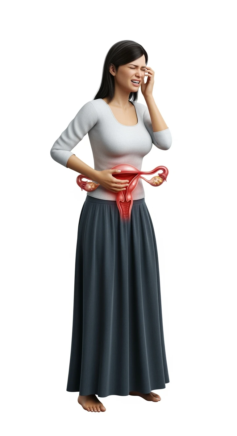 donna a figura intera con utero umano realistico in 3d in evidenza dolorante, espressione di dolore in volto, sfondo bianco, non farla computerizzata, ma iperrealistica 4k emoji