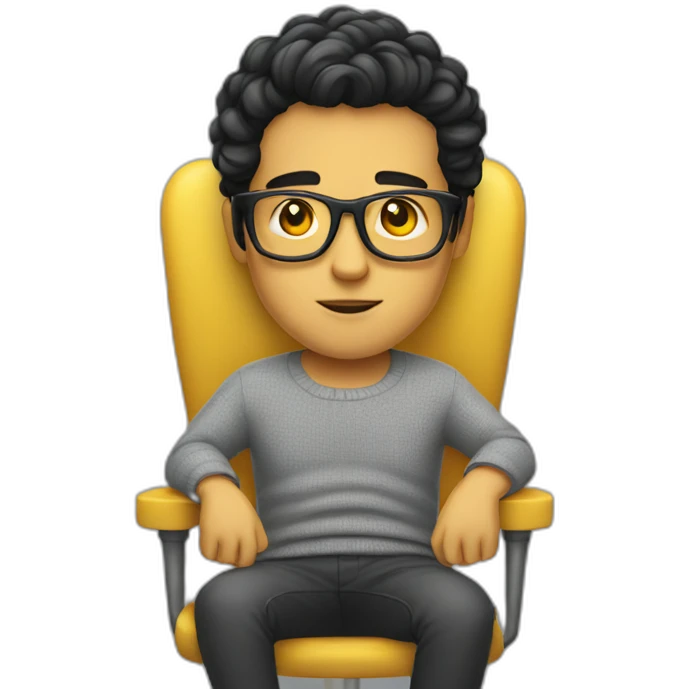 White man with yellow tinted glasses and black hair in a gray jumper and sitting on a chair emoji