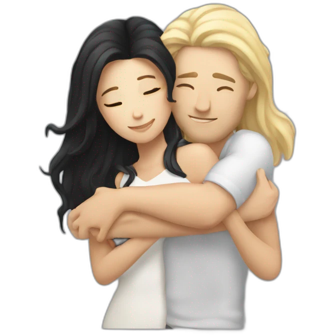 White men hug white woman with long black hair  emoji