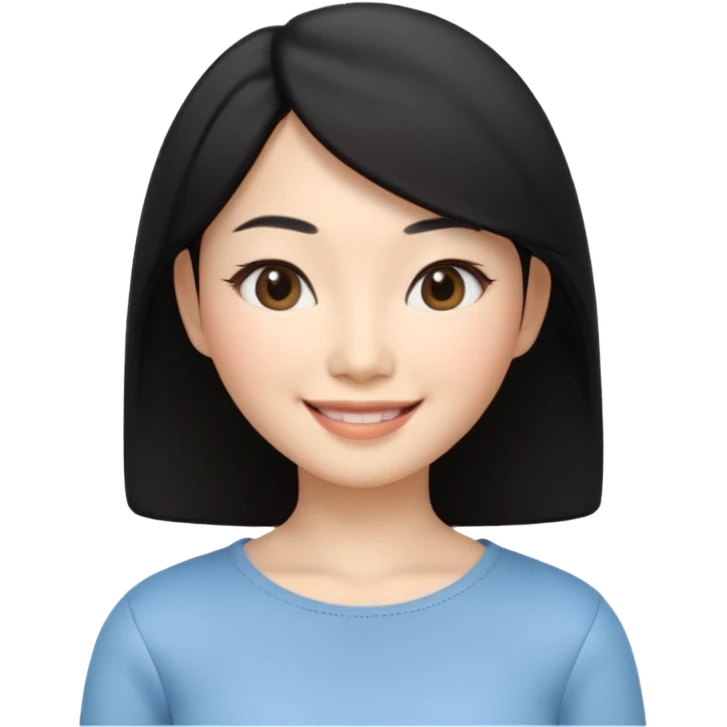 Apple Memoji style, young Asian woman, almond eyes, black hair,
smiling, smooth 3D render, soft gradients, white background,
square format, no text
 emoji