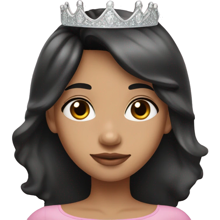 Princess with halo with tan skin tone with long black hair with bang with silver pink heart tiara and pink dress emoji
