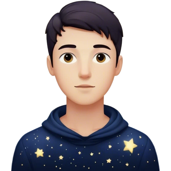 Each particle his universe. He reaches out with hand', touching one, knowing that everything he does stays in this space forever. universe around him. A young man in a vast, dark starry universe, surrounded by floating particles of light space.  emoji