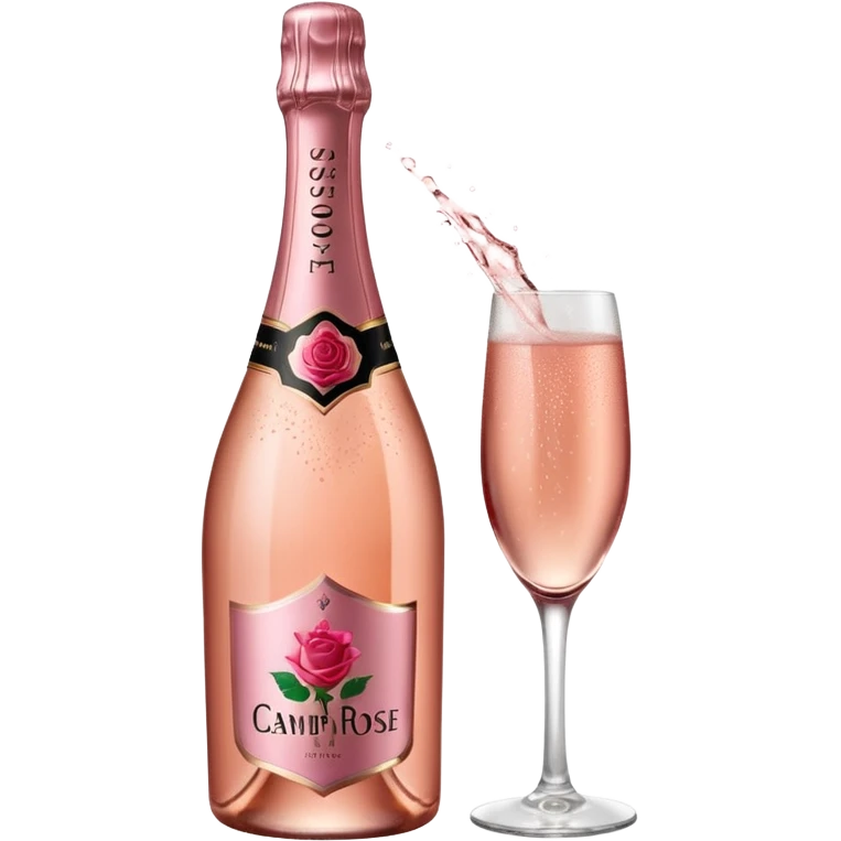 bottle of sparkling rose champagne tilted up and to the right, with a rose logo, no glass emoji