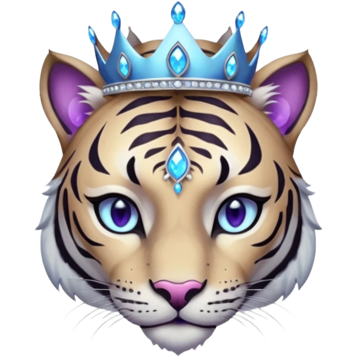 ESO Female white/black tiger khajiit leader of the umbral rose, glowing blue eyes, glowing blue 'third eye' gem, silver crown/tiara with purple gems emoji