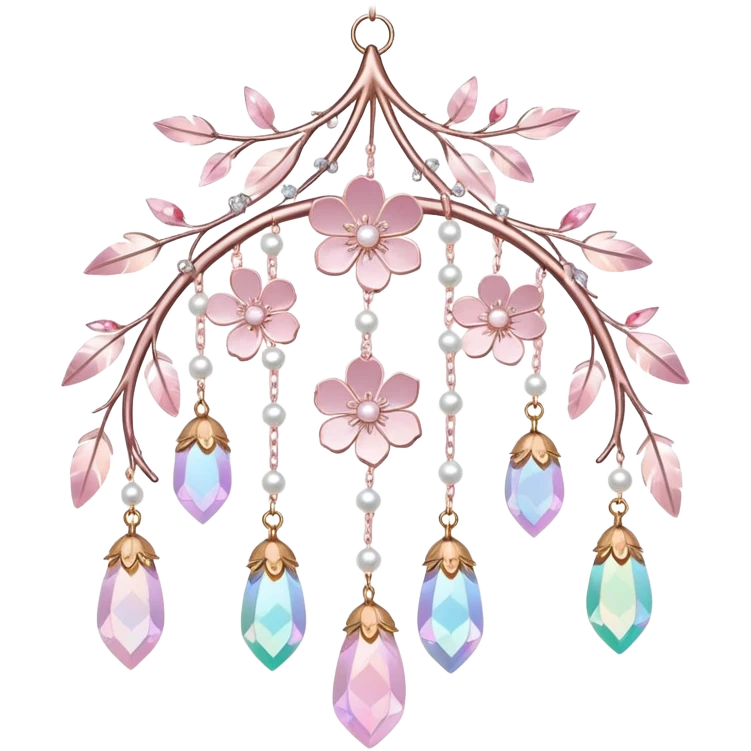 Hanging Iridescent pastel pink sakura crystals white-pearly suncatcher with bells and feathers emoji