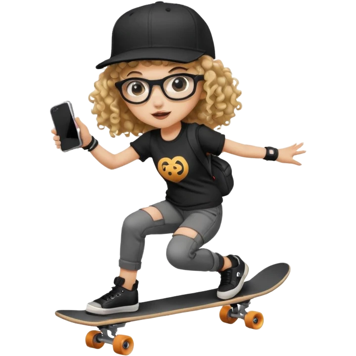 ["An excited girl with light skin, curly hair, wearing a baseball cap and square glasses, dressed in goth fashion, is skateboarding while holding a camera."] emoji