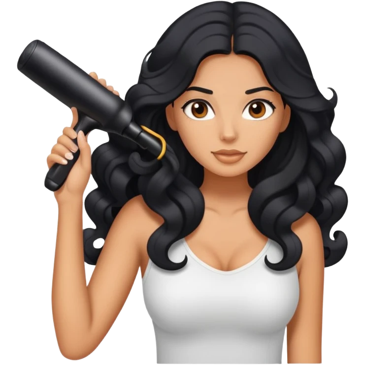 tanned woman with long black hair curling her hair, getting ready emoji