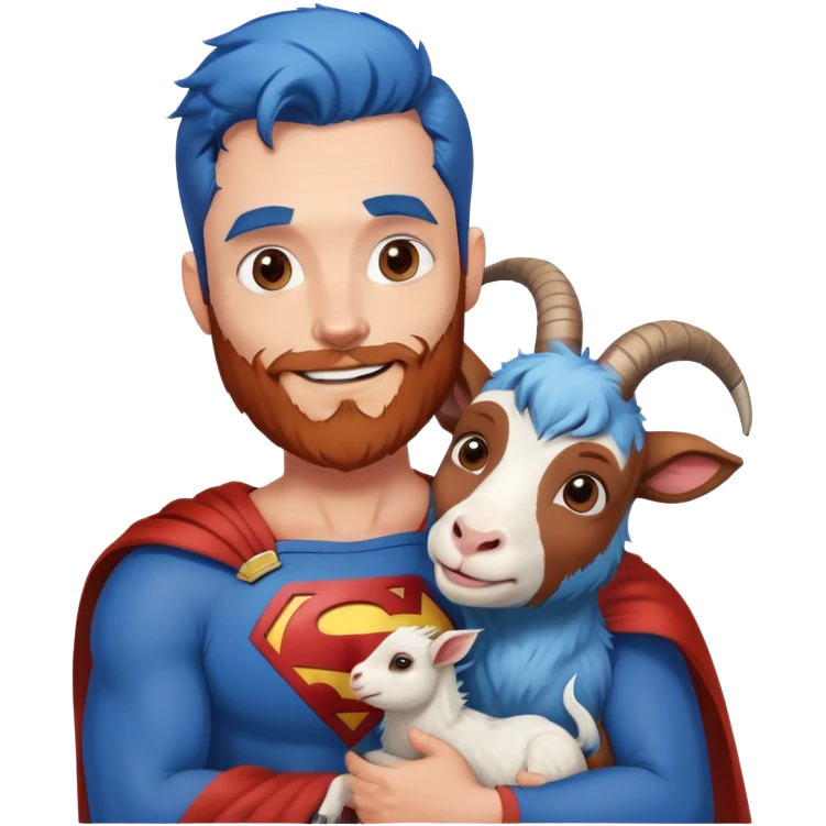Adult Superman with redish brownish full beard with his arm around a blue hair happy goat emoji