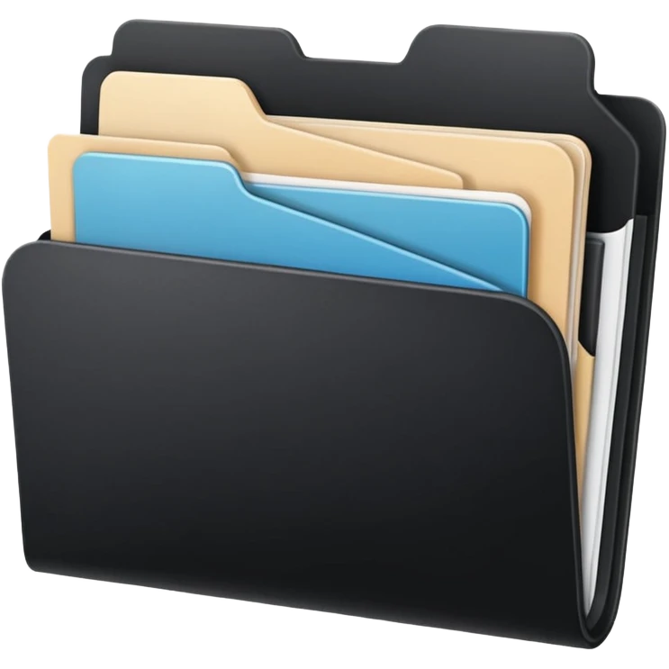 small cute black folder icon, slightly open at the top, multiple pockets or sections visible, white label area on the front with the word 'Titles' in playful handwriting emoji