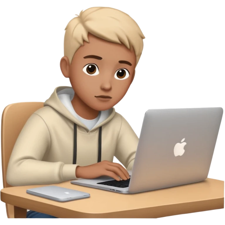 ученик учит английский язык за столом дома с макбуком прямо смотрит emoji