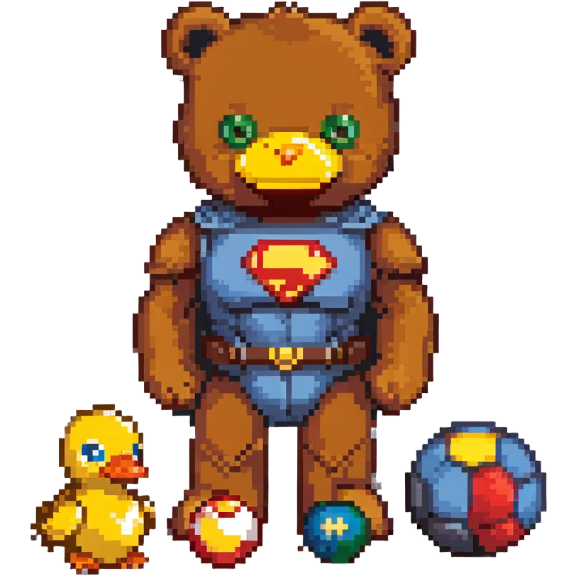 classic childhood toys scattered - brown teddy bear, yellow duck toy, primary colored blocks, red ball, superhero figure emoji